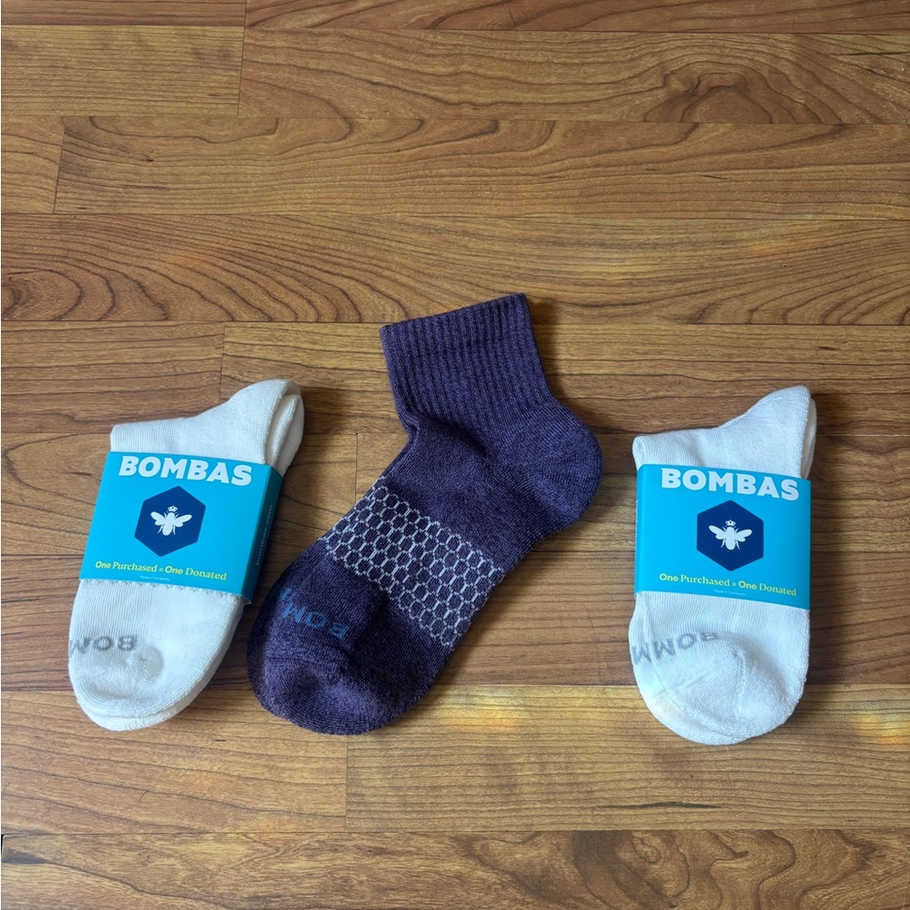 Bombas Quarter Socks Bundle (3 Pairs) – Vintage Stripe & Purple – Size Medium